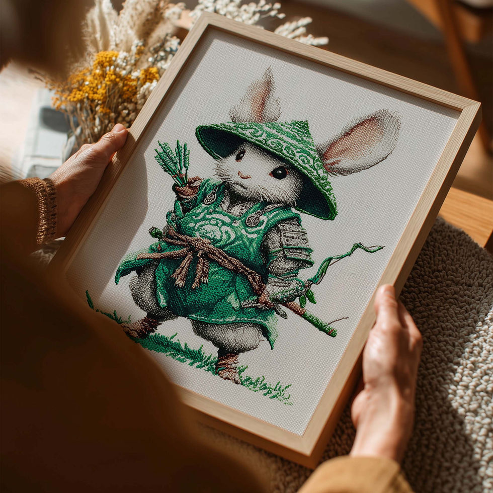 Whimsical art print of a small mouse dressed as a samurai in green armour holding a bow.