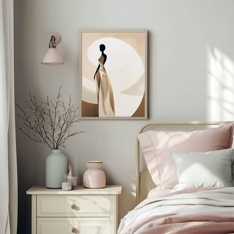 Abstract silhouette of a woman in a beige dress with soft curved background shapes in neutral tones.