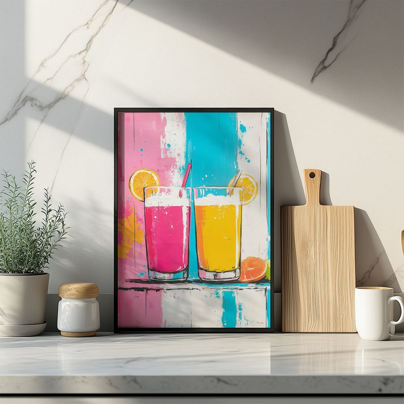 Two glasses of colourful fruit juice—pink and yellow—against a split pink and blue background