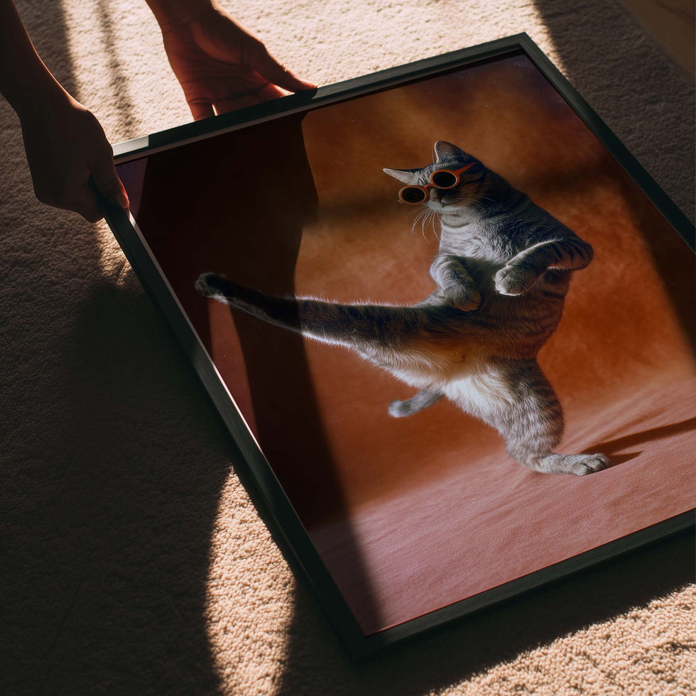 Cat performing a high karate kick in dramatic lighting, action style art print