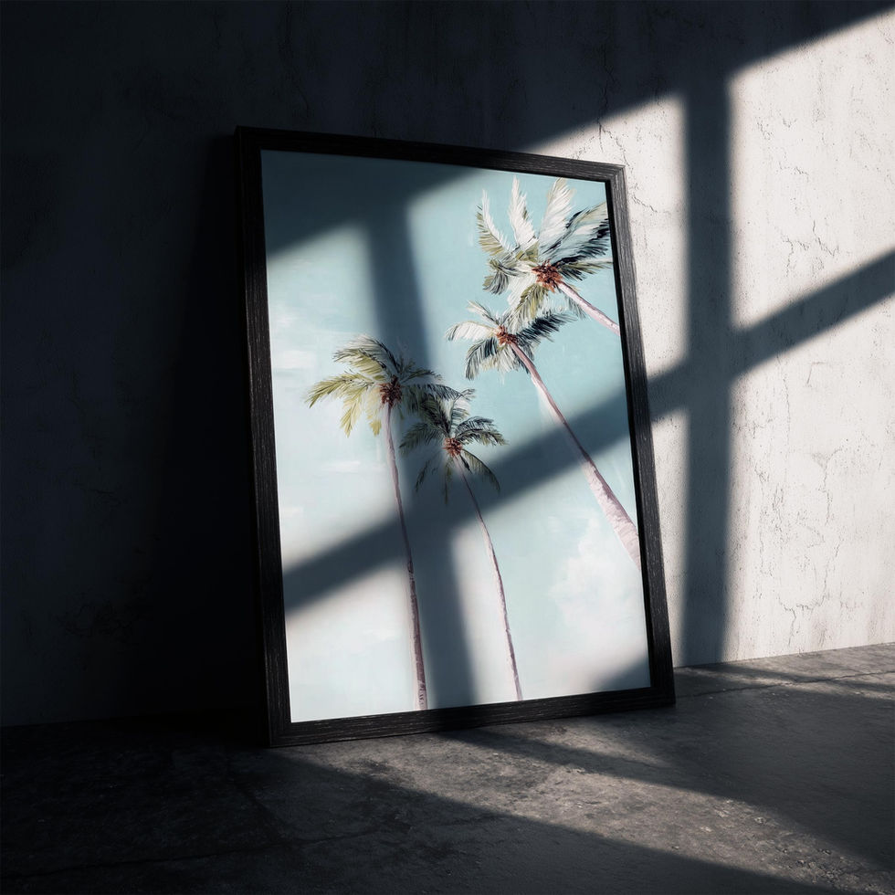 Art print of tall palm trees against a bright blue tropical sky.