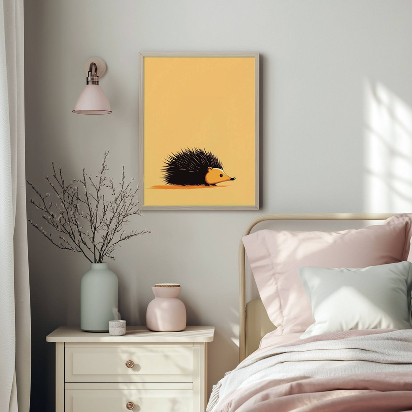 Cute minimalist black and orange hedgehog illustration on a beige background.