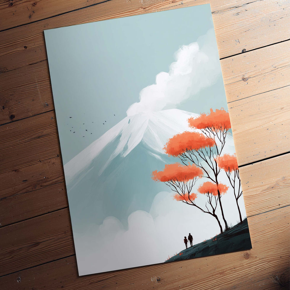 Minimalist landscape art print of a blue mountain with orange trees against a soft sky.