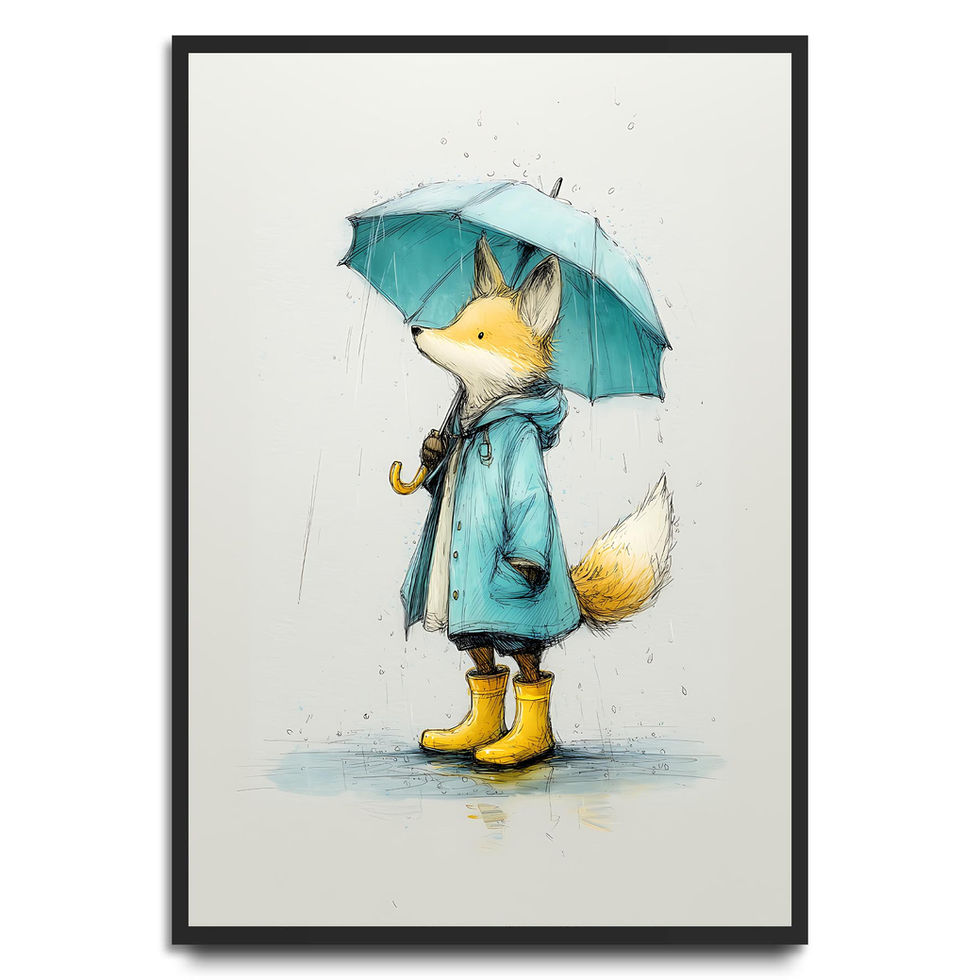 Illustration of a fox wearing a teal raincoat and yellow boots, holding an umbrella in the rain.
