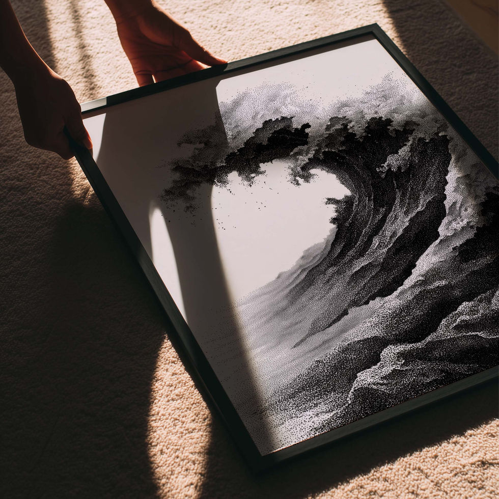 Black and white art print of a powerful ocean wave in expressive brush style.