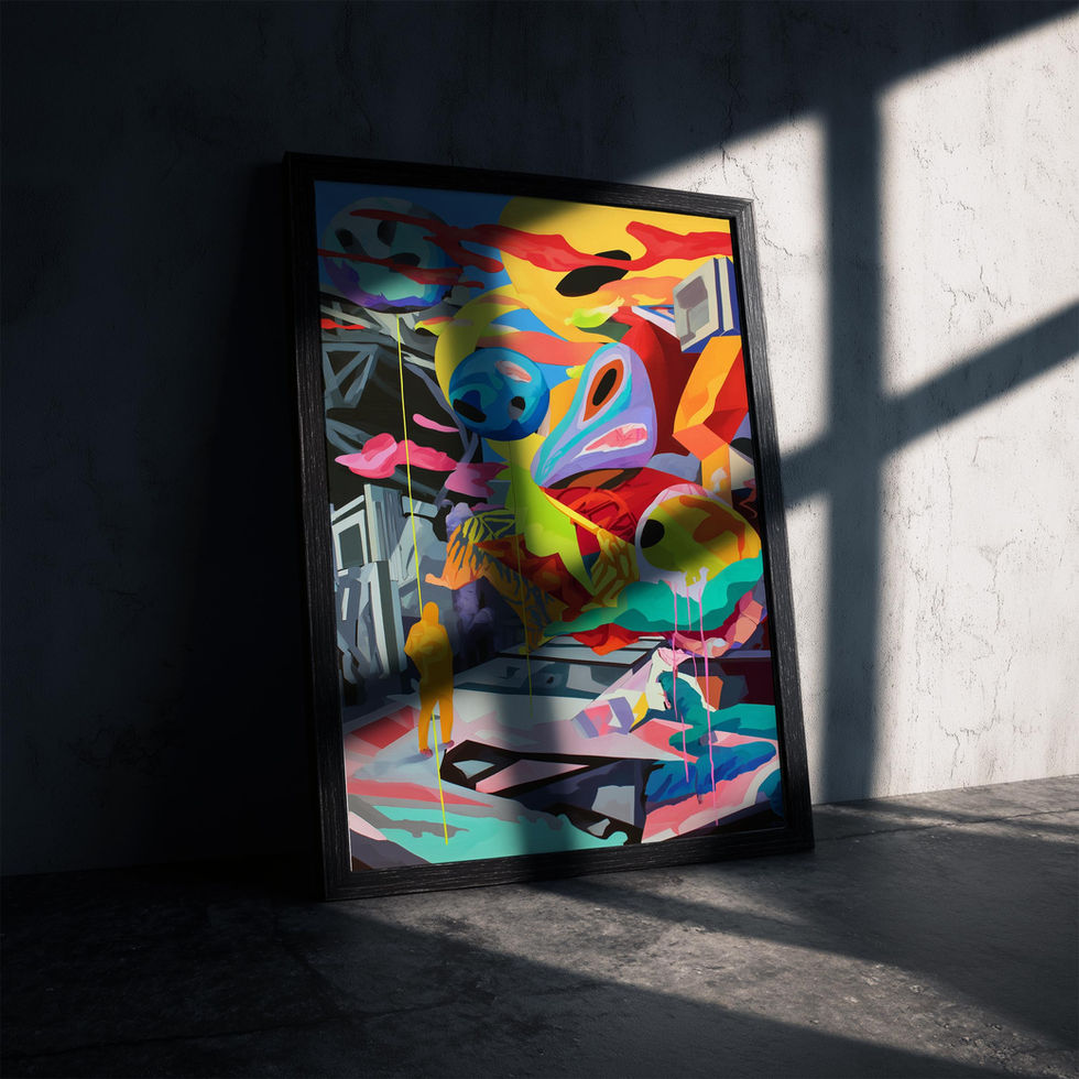Bold, colourful surreal abstract composition featuring geometric figures and dynamic forms—designed as modern statement wall