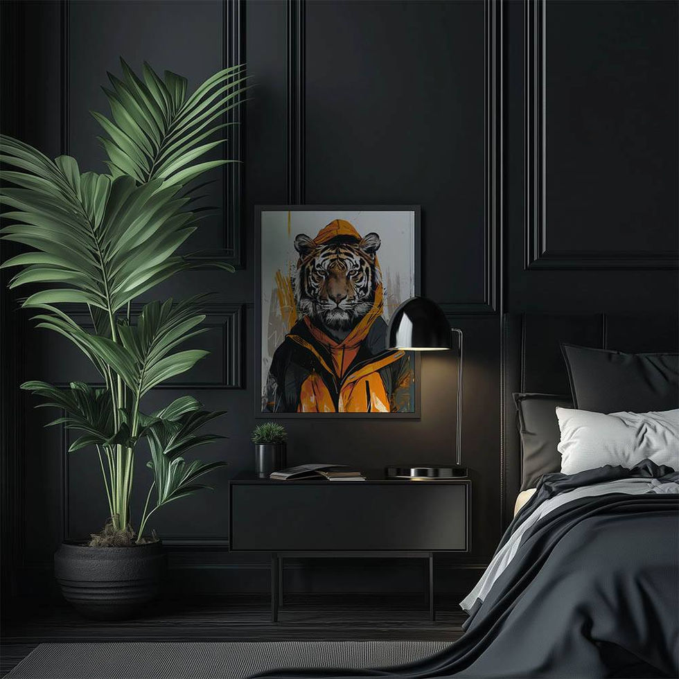 Illustration of a tiger wearing an orange and black hooded jacket