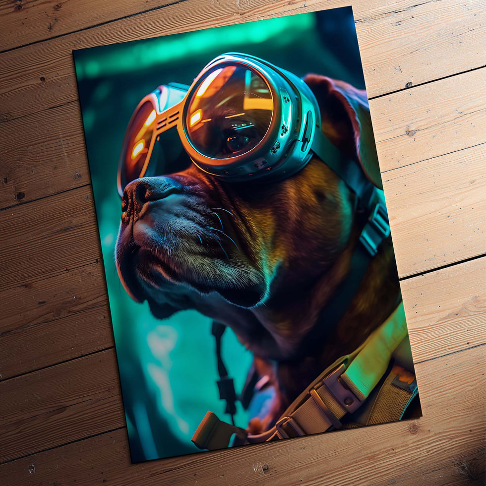 Futuristic dog wearing glowing galactic goggles in neon blue lighting, cyberpunk art print