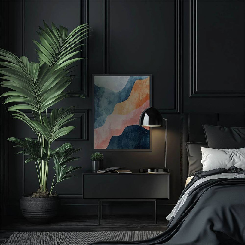 Abstract painting with wavy bands of blue, orange, pink, and white