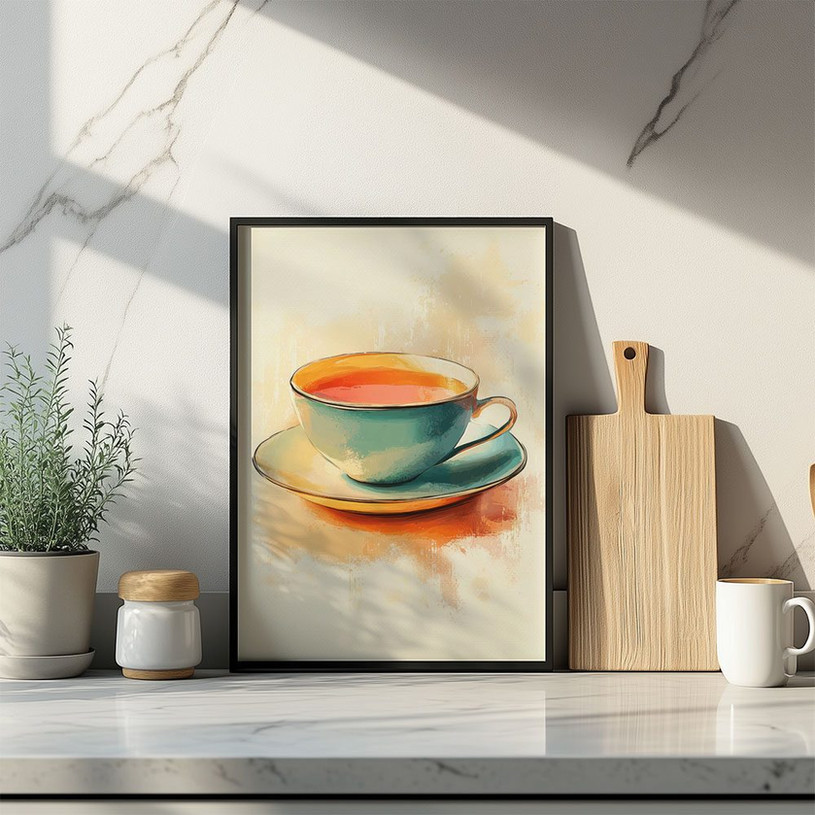 Soft watercolour painting of a vintage teacup in warm pastel tones