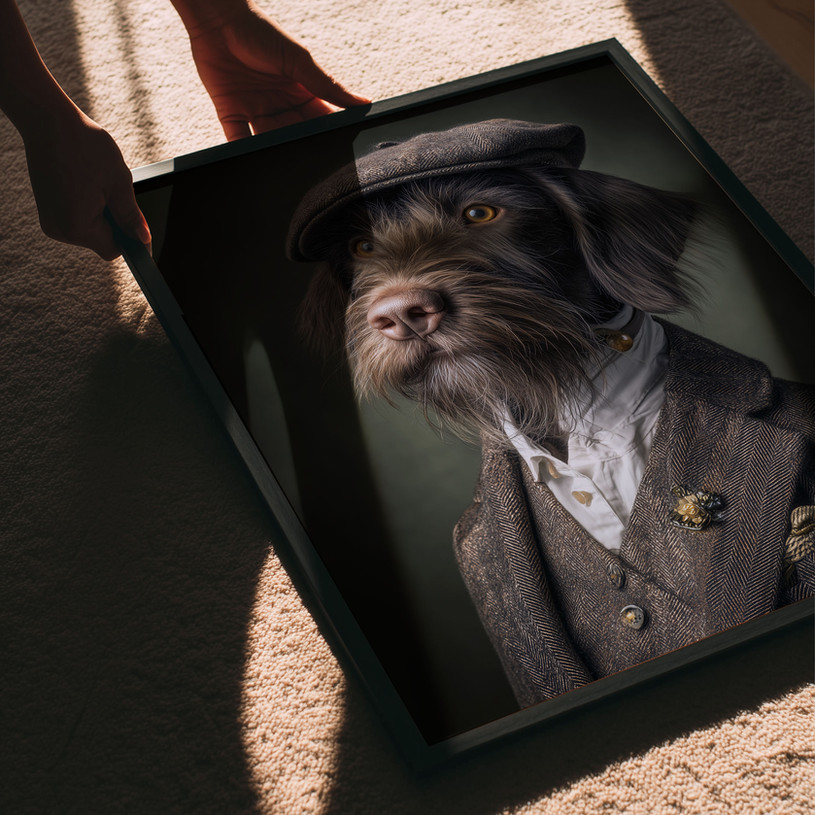 Dog wearing a flat cap and suit, vintage styled dog portrait art print