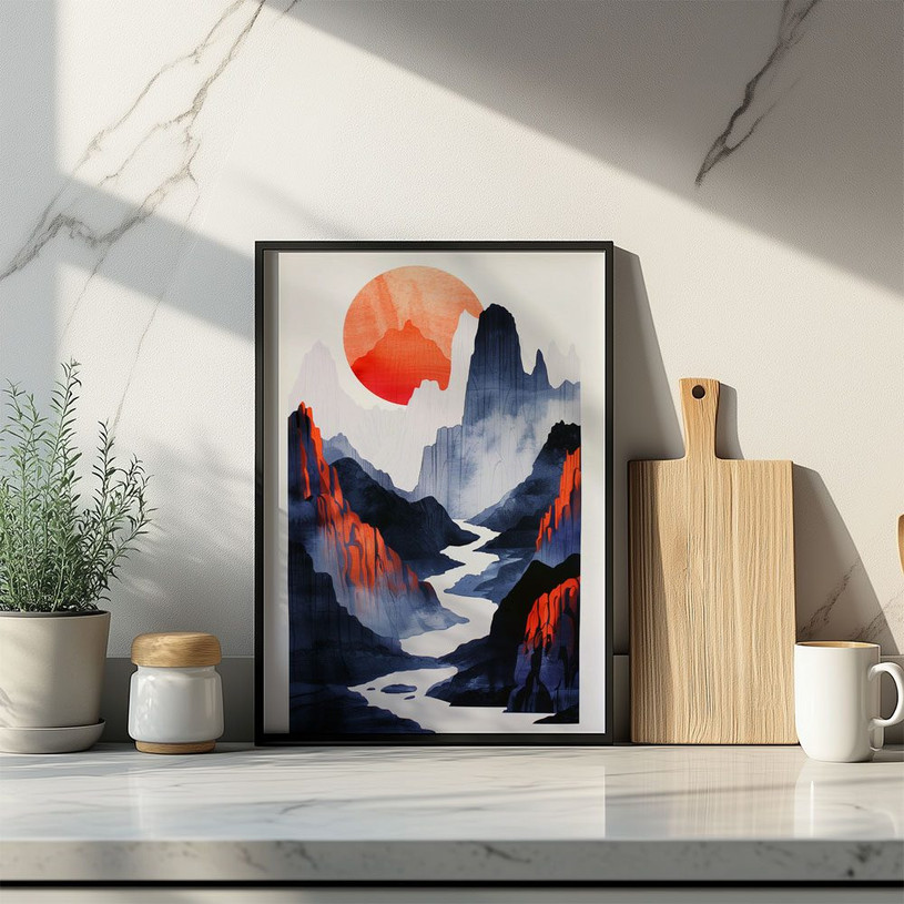 Bold mountain landscape with a winding river and large red sun in the sky