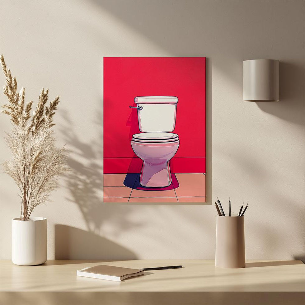 Playful pop art-style print of a toilet on a vibrant pink backdrop.