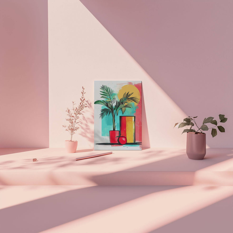 Tropical plant with red pot and colorful vase against a teal and yellow sun background.
