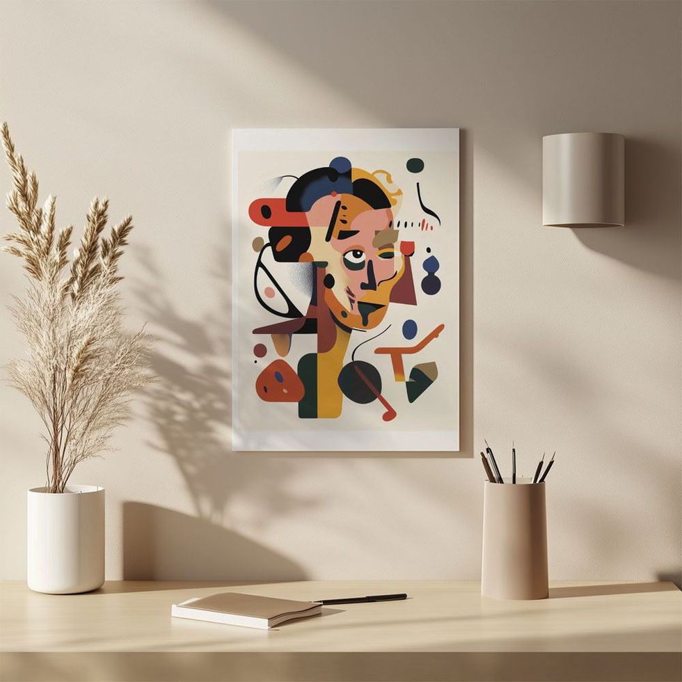 Bold abstract portrait inspired by cubism, featuring layered geometric forms and modern colour contrasts.