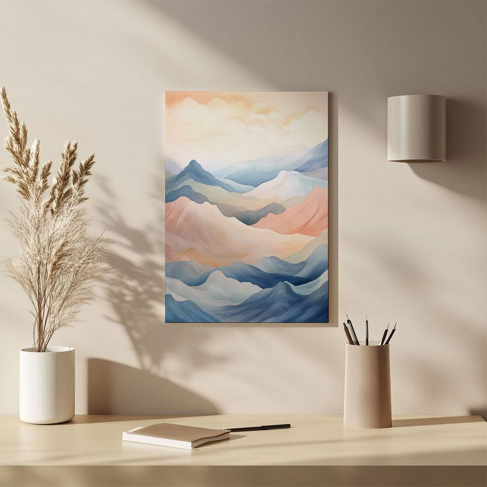 Pastel abstract mountain art print with soft blue and peach tones