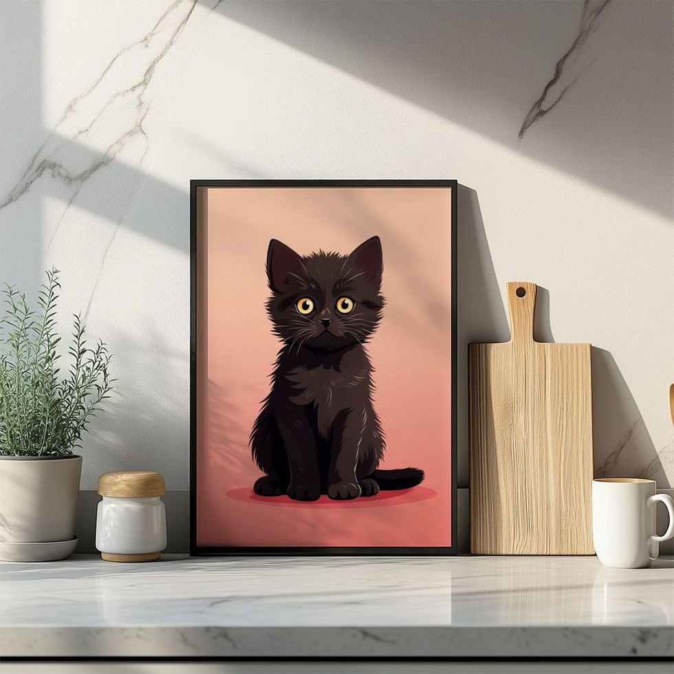 Cute illustration of a black kitten with wide yellow eyes on a soft pink background