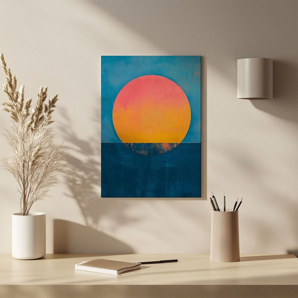 Abstract artwork of a pink and yellow sun setting over a deep blue ocean with a textured finish.