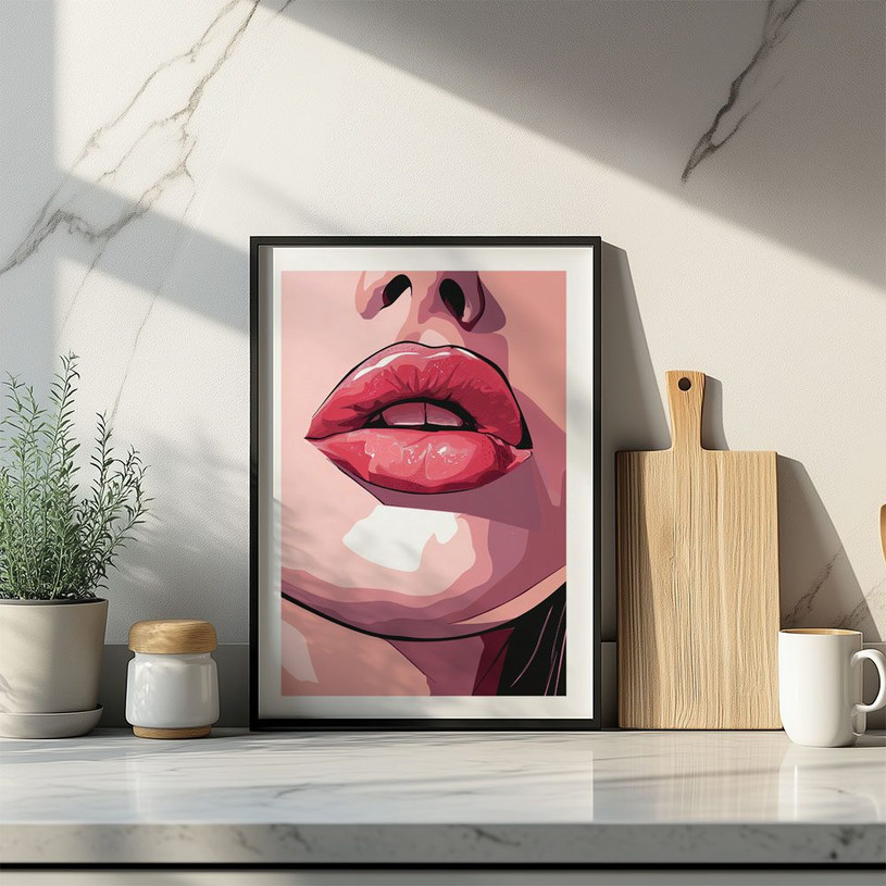Close-up pop art illustration of glossy pink lips on a pale face.