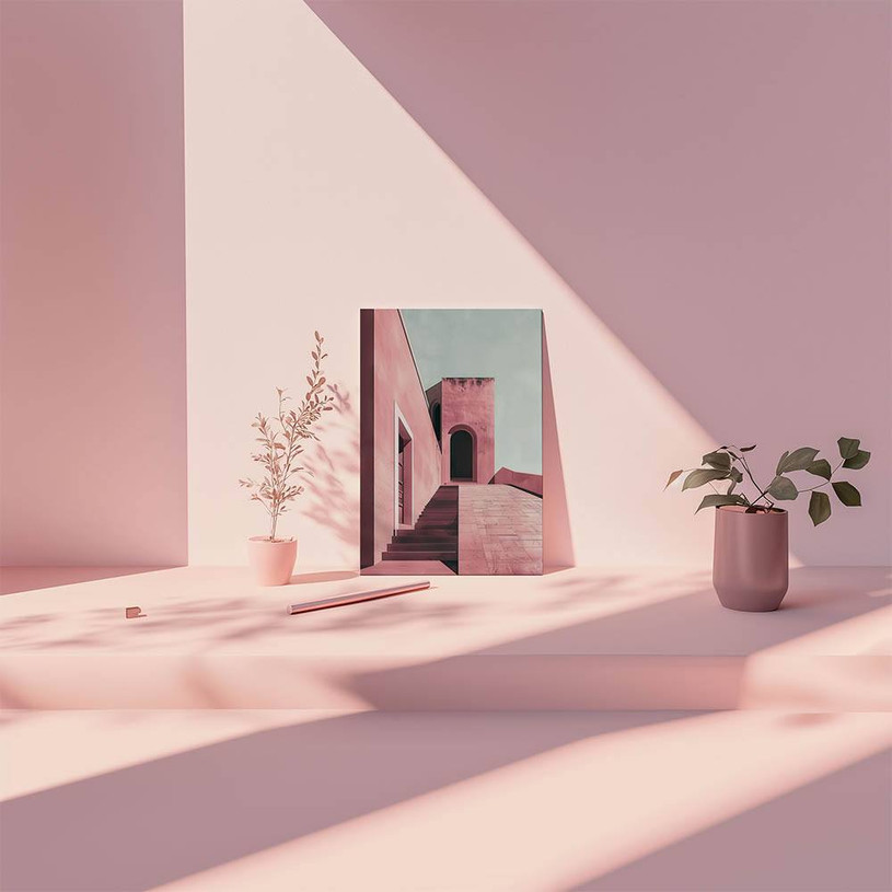 Geometric pink stone architecture with sharp lines, stairs, and arches under a pale sky – minimalist modern art print.