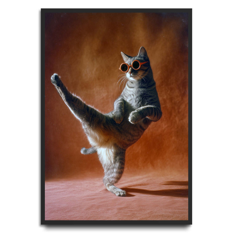 Cat performing a high karate kick in dramatic lighting, action style art print