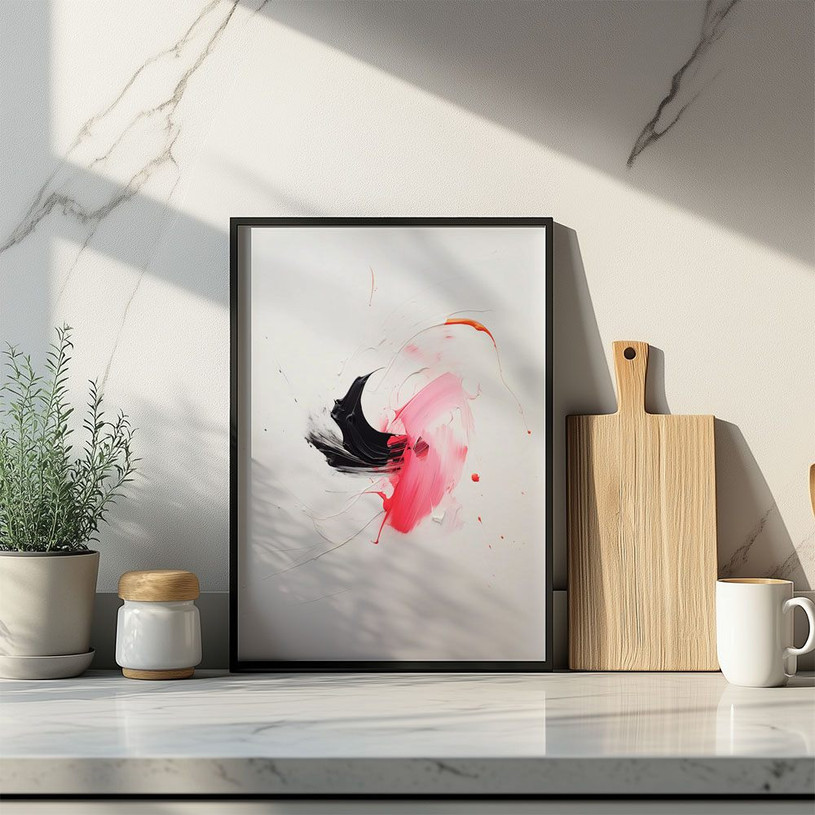 Abstract print with dynamic pink and black splashes on a clean white canvas.