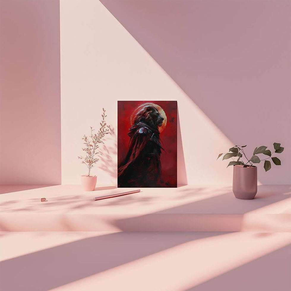 Armored lion standing proudly in a red cloak with a glowing red moon behind, fantasy warrior artwork