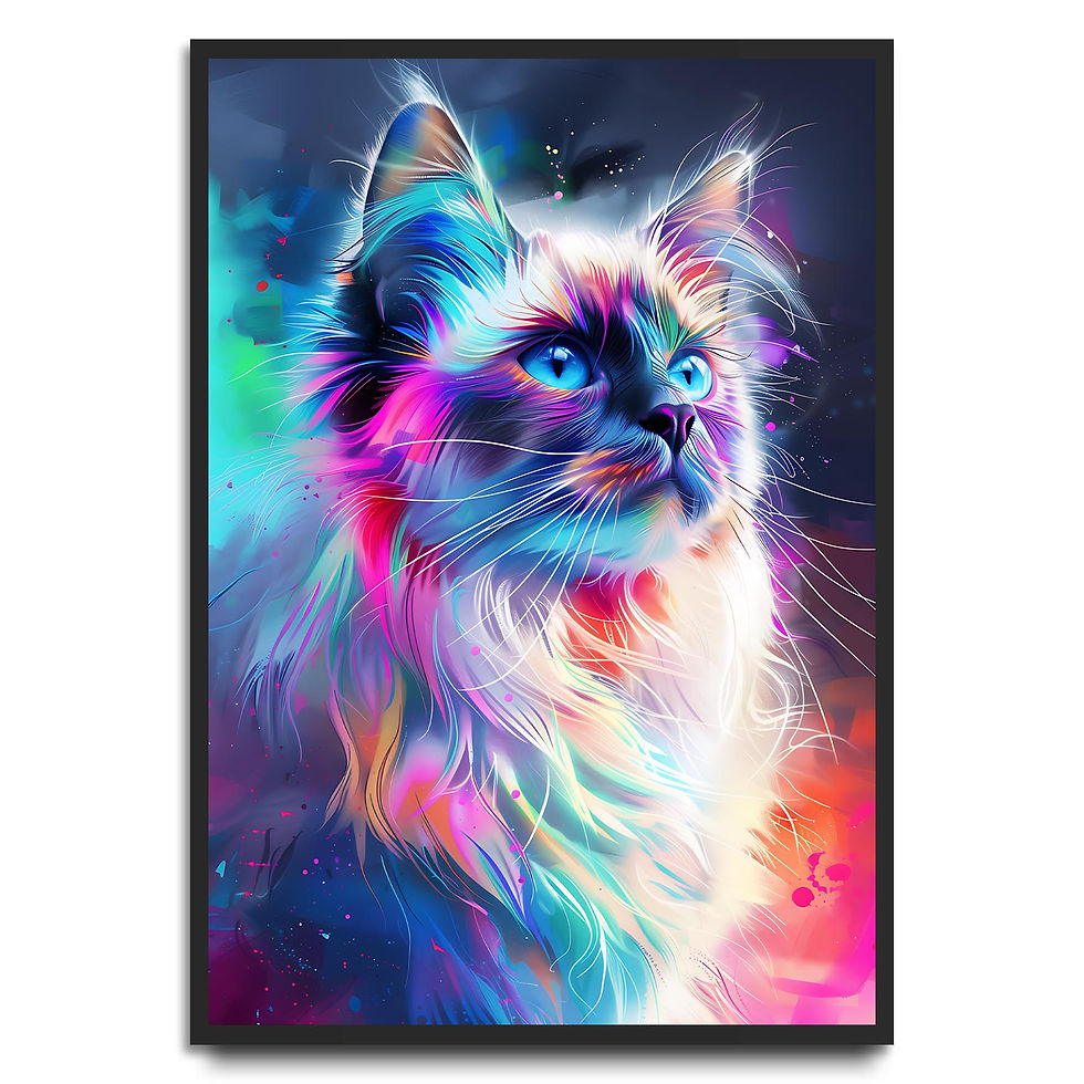 Neon-style cat portrait art print with glowing rainbow colours and striking blue eyes.