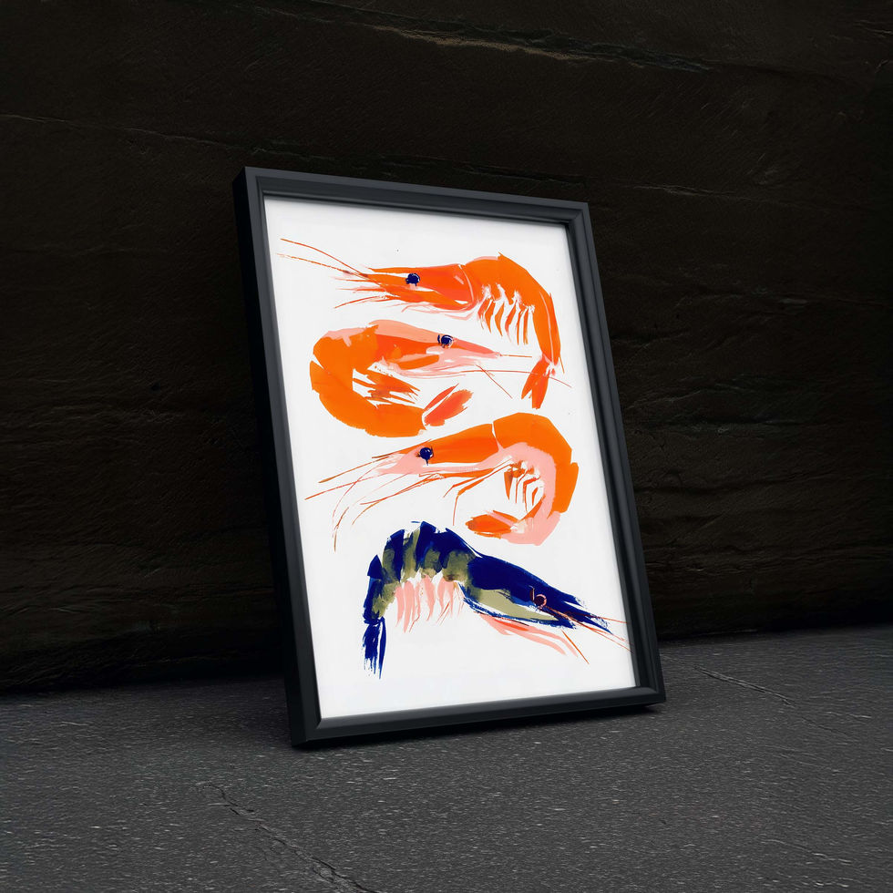 Modern art print of four colourful prawns painted in bold orange and blue brush strokes.