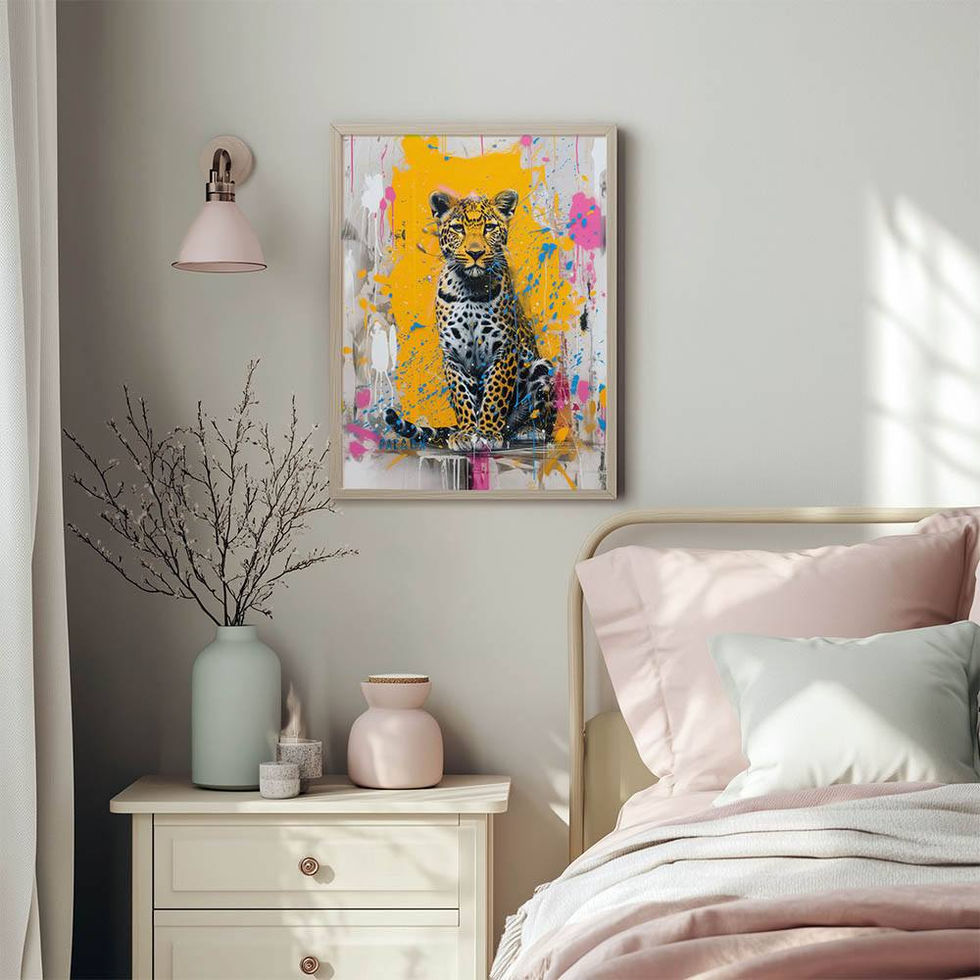 Leopard sitting in front of a bright yellow and pink paint-splattered background – vibrant and edgy street art-inspired print