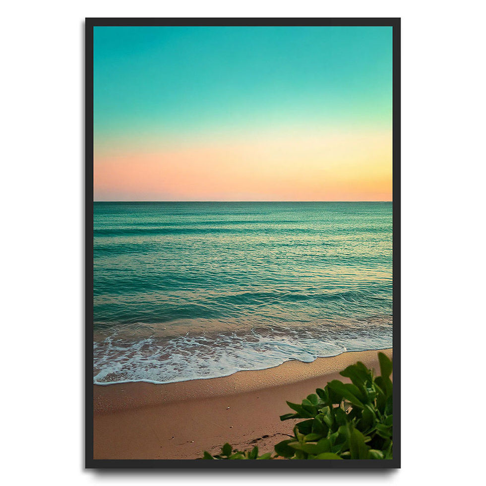 Pastel beach scene with soft turquoise ocean and sunset sky.