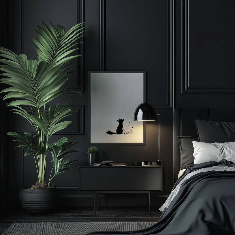 Silhouette of a cat with pink and orange hues blending into a forest background.