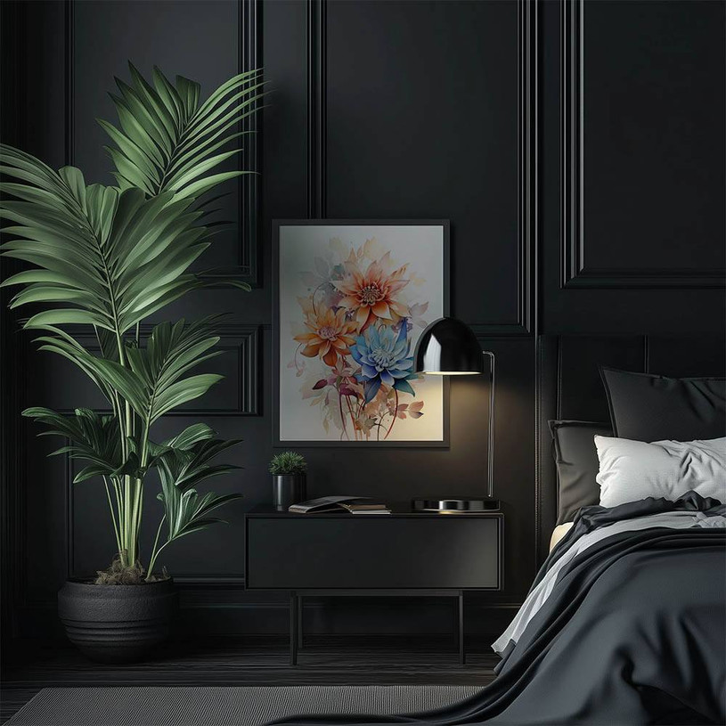 Watercolour floral print with vivid orange and blue flowers and soft leaves.