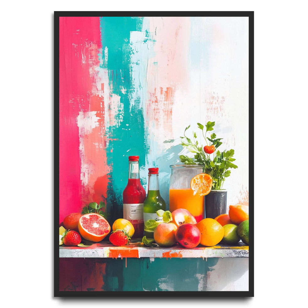 Fruit and drink still life with oranges, bottles, and painted red-teal backdrop.