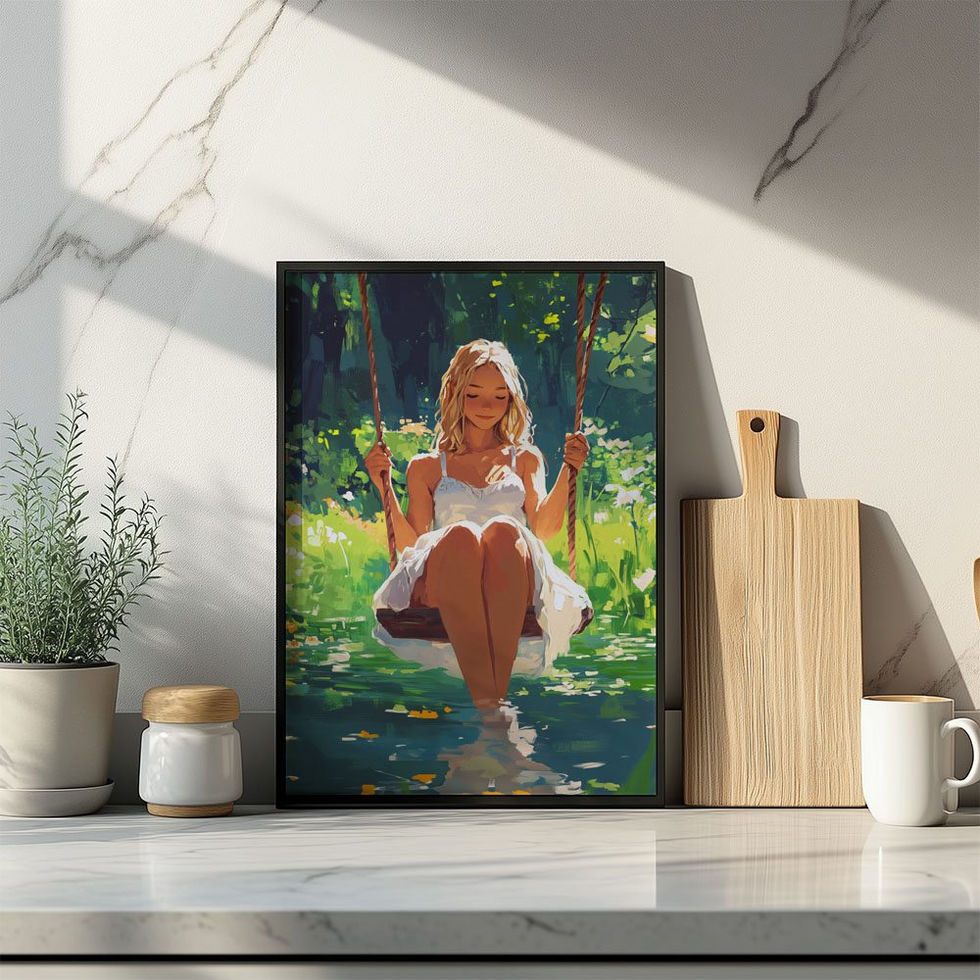 Woman in a white dress gently swinging over water in a sun-dappled forest – tranquil and romantic nature-themed art print.