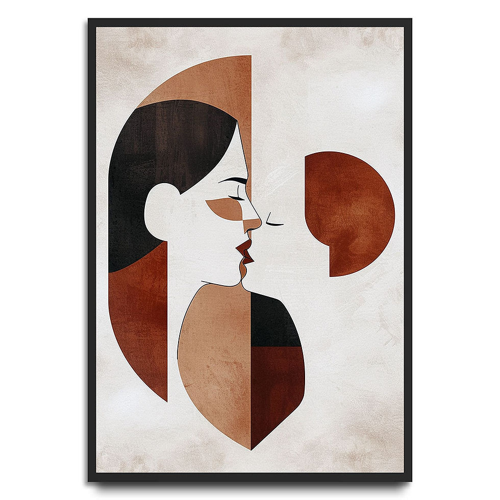 Abstract female portrait print with geometric shapes in brown, beige, and black tones, modern and minimalist design.