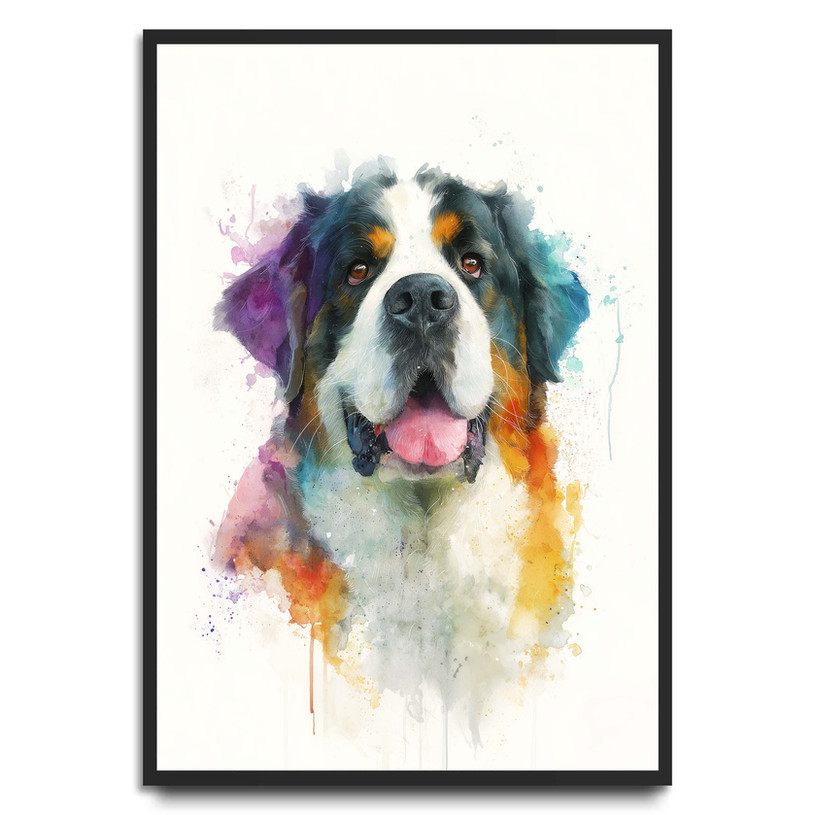 Colourful watercolour Saint Bernard portrait with vibrant rainbow paint splashes