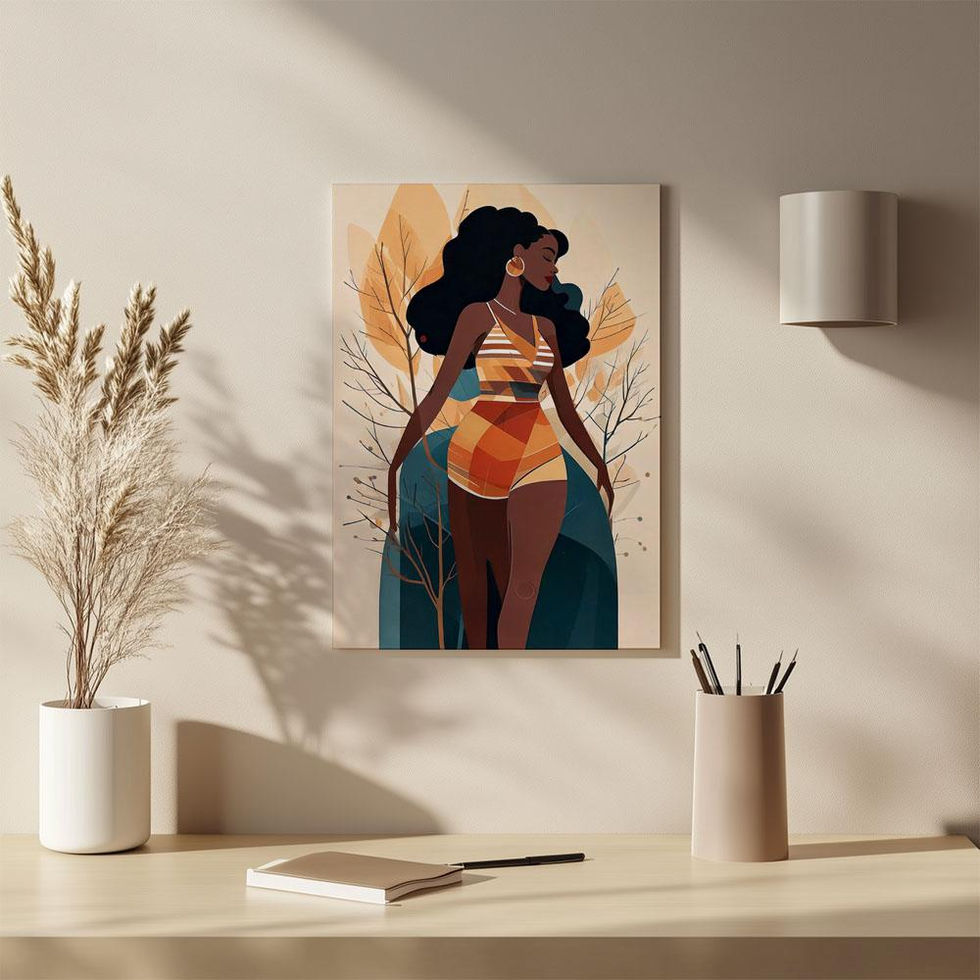 Elegant art print of a confident woman in warm-toned attire with soft botanical details — modern and empowering.