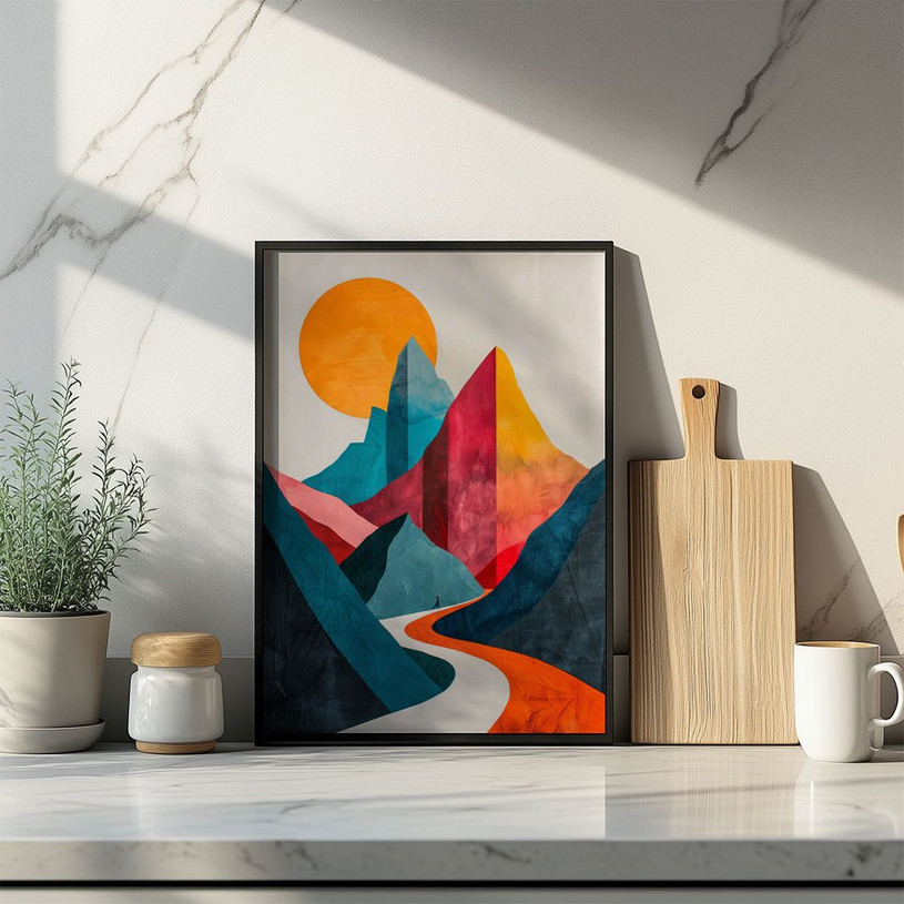 Abstract colourful mountain landscape with a winding road, vibrant sun, and geometric peaks in orange, blue, and pink.