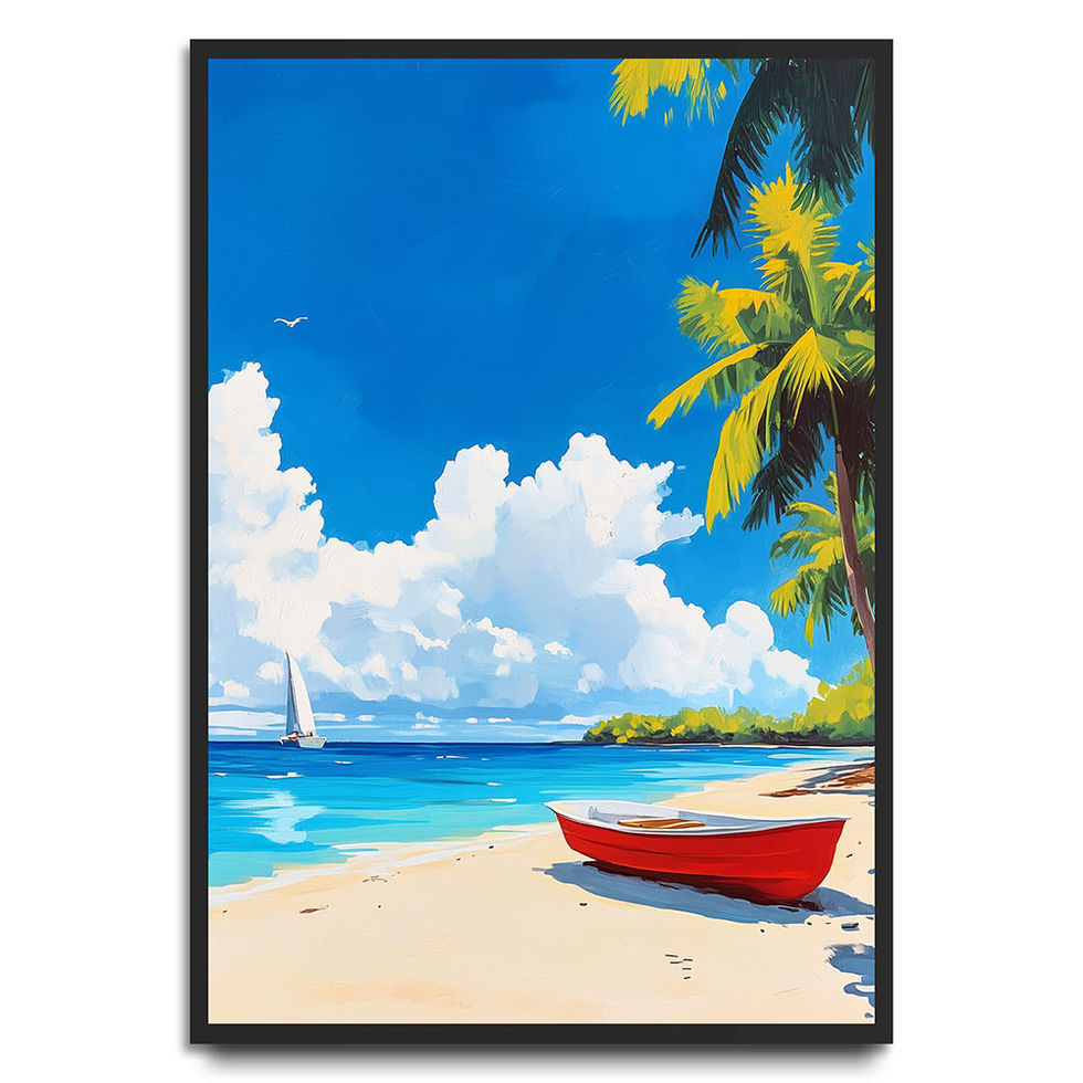 Vibrant tropical beach print with a red boat, palm trees, and ocean waves — cheerful and summery wall art.