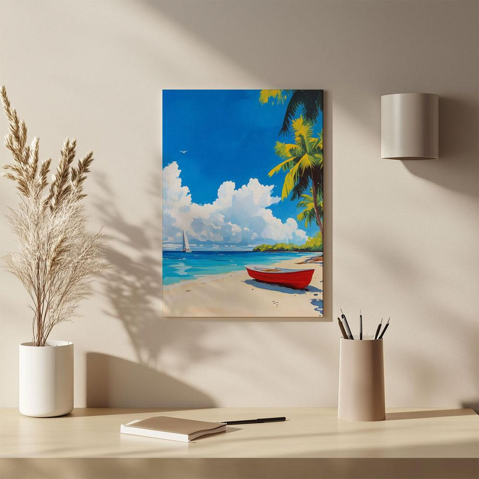 Vibrant tropical beach print with a red boat, palm trees, and ocean waves — cheerful and summery wall art.