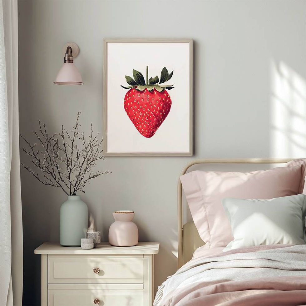 Realistic illustration of a single red strawberry with green leaves on a white background.