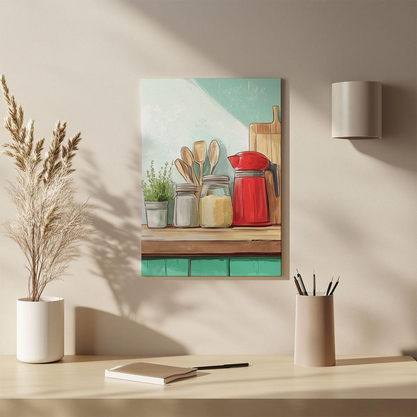 Illustration of a kitchen countertop with wooden utensils, potted herbs, jars, and a red coffee pot.