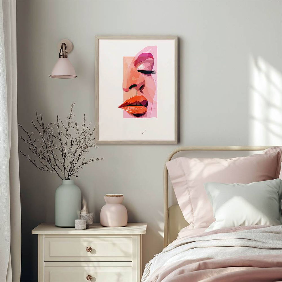 Abstract portrait artwork of a woman's face with closed eyes and red lips in pink and peach colour blocks.