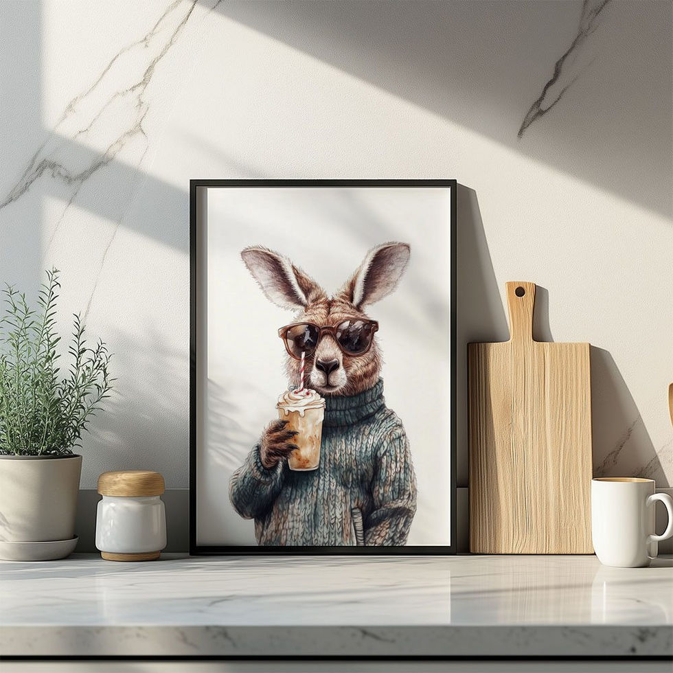 Kangaroo wearing sunglasses and a jumper, holding an iced coffee against a white background.