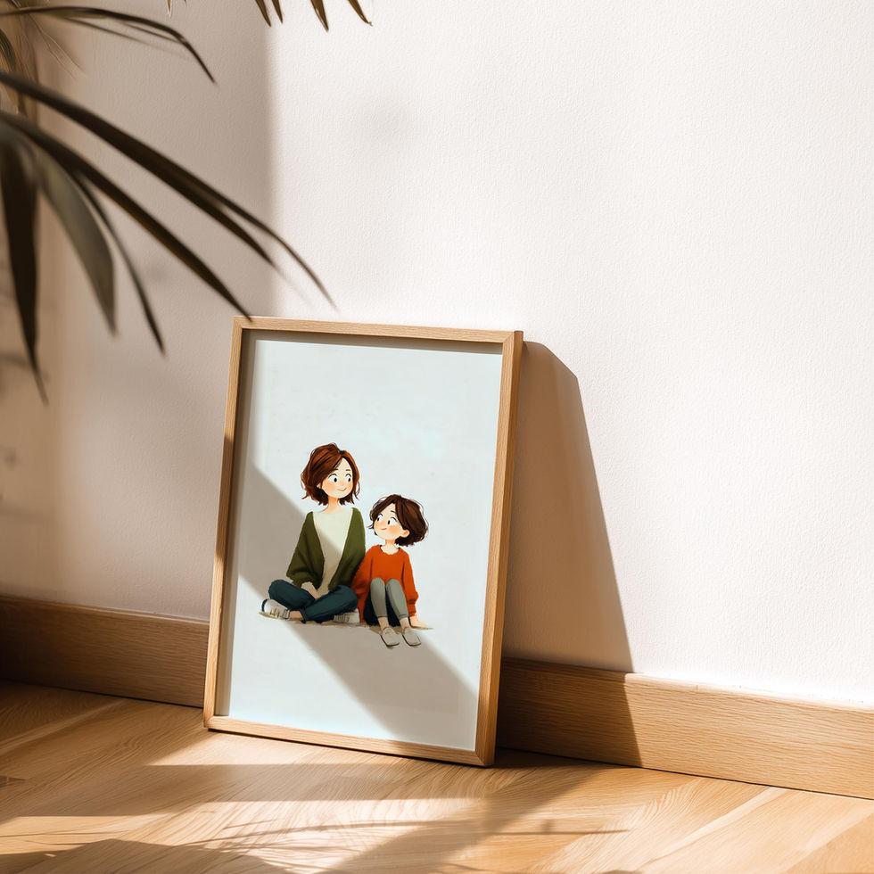 Illustration of a mother and child sitting together, smiling warmly at each other.