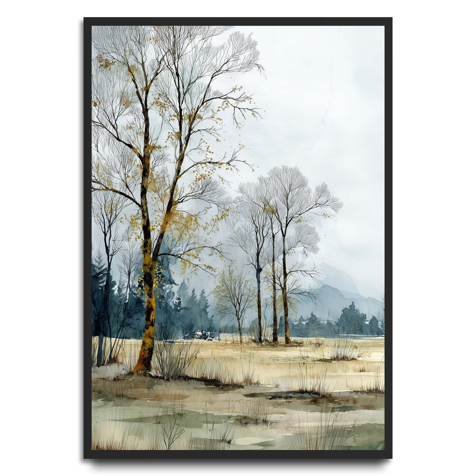 Soft watercolour woodland landscape with bare trees and muted tones