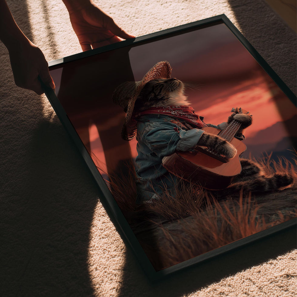 Art print of a cat wearing a cowboy hat and bandana, playing a guitar at sunset.