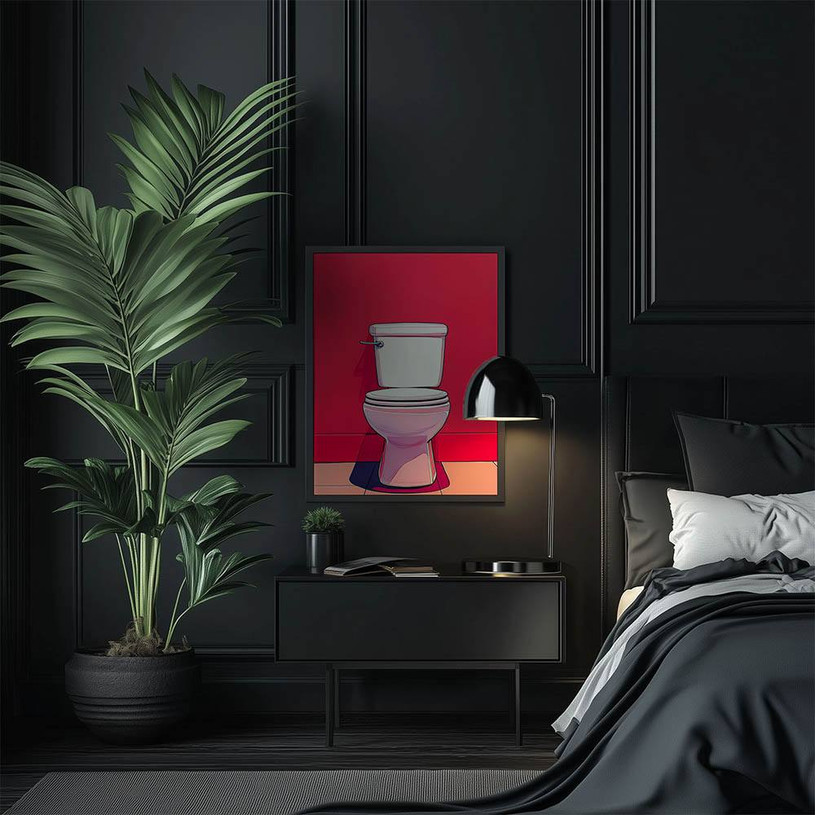 Playful pop art-style print of a toilet on a vibrant pink backdrop.