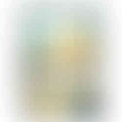 Watercolour painting of a serene mountain landscape with soft golden and green tones